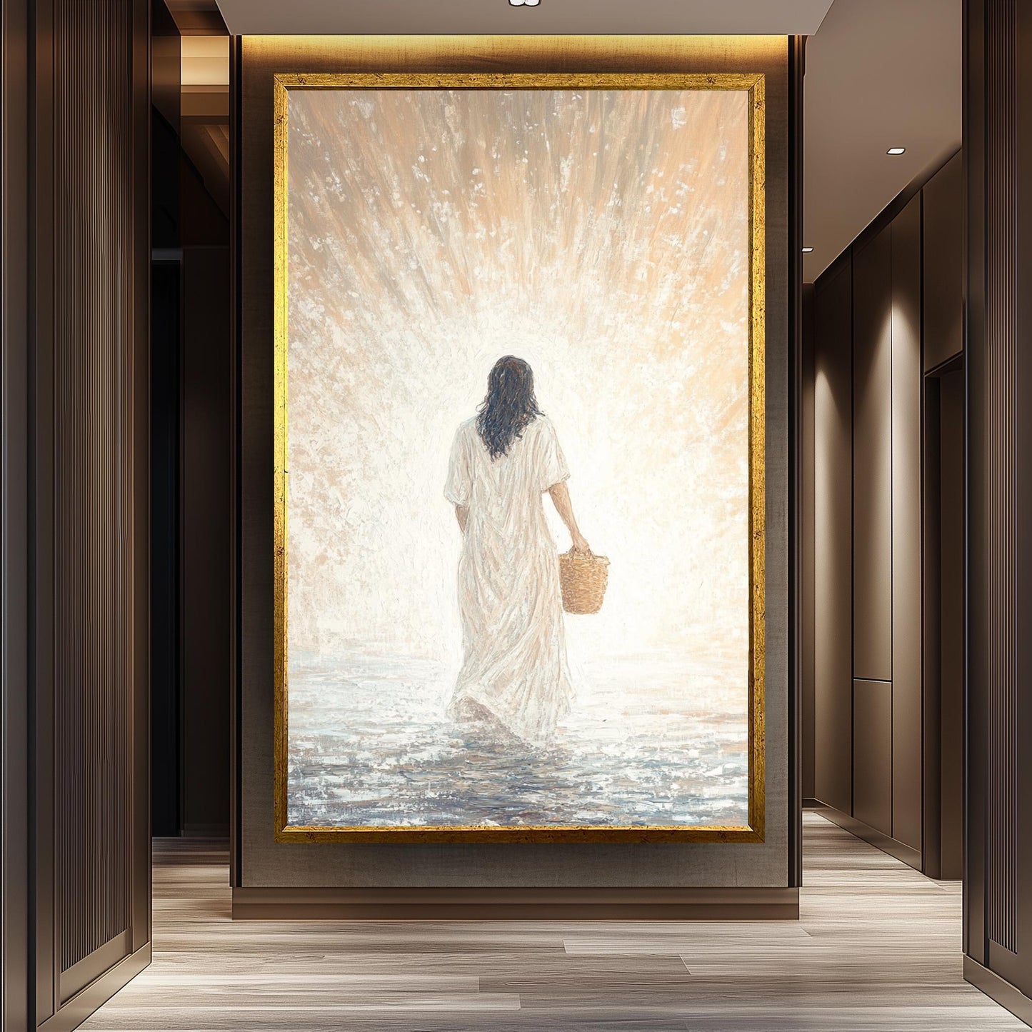 Spiritual Abstract Jesus Wall Art Print in Impressionist Style Featuring Christ in White Robe with Basket Walking Toward Light Jesus Artwork
