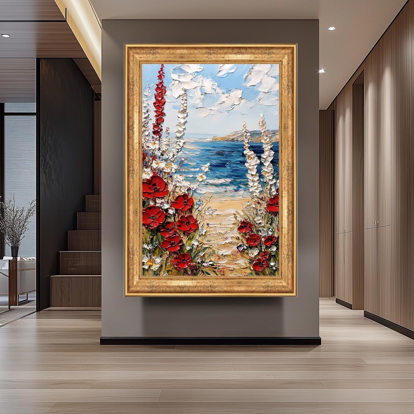 Coastal Poppy Oil Painting Print: Beach Seascape Wall Art
