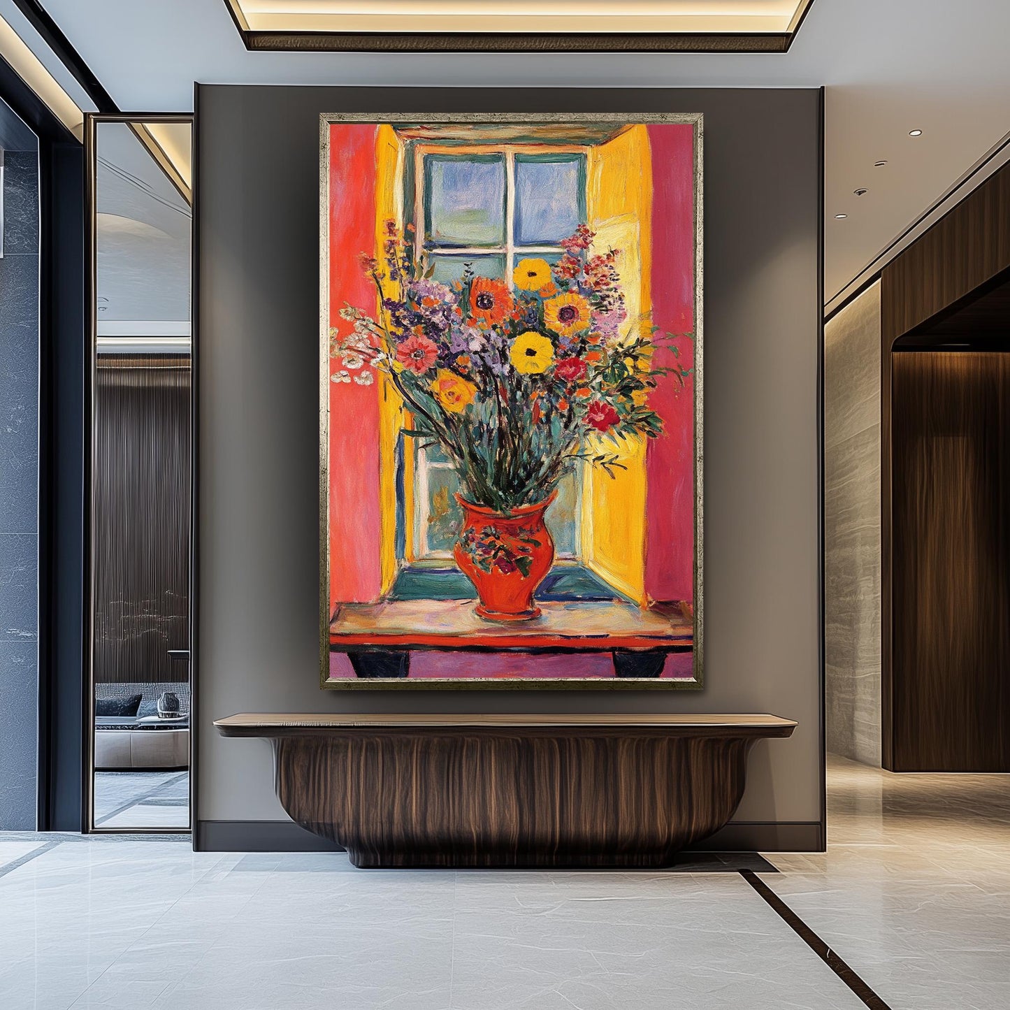 Matisse Style Floral Painting: Colorful Window Vase Still Life Art