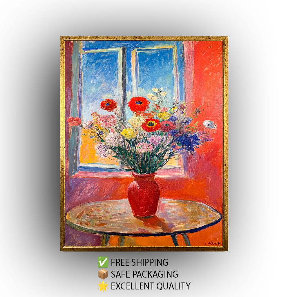 Matisse Inspired Floral Still Life Art Print: Red Vase Bouquet
