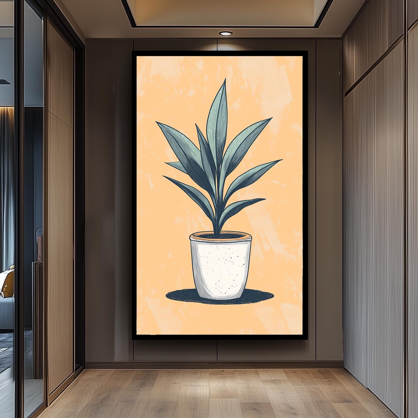 Potted Plant Wall Art: Hand-Drawn Botanical Print on Peach