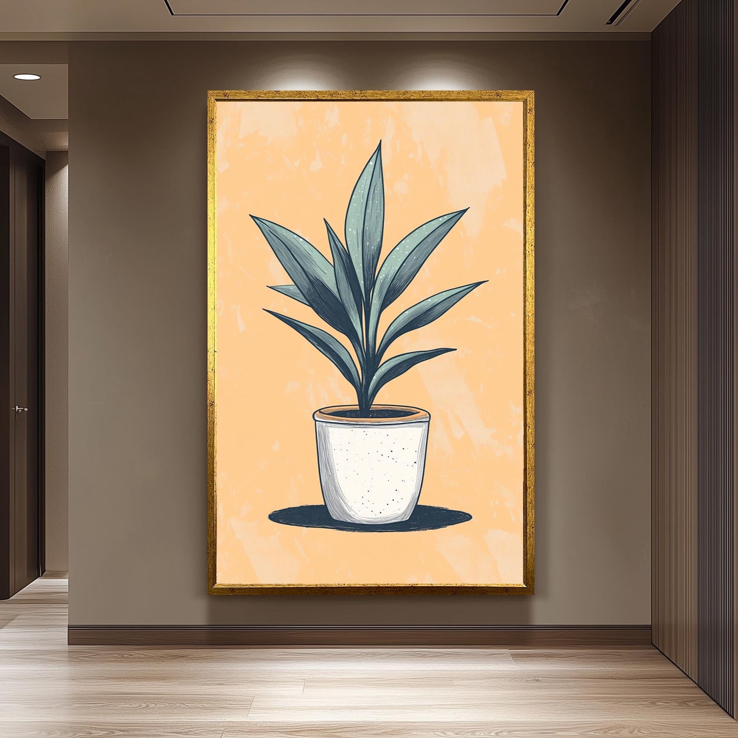 Potted Plant Wall Art: Hand-Drawn Botanical Print on Peach