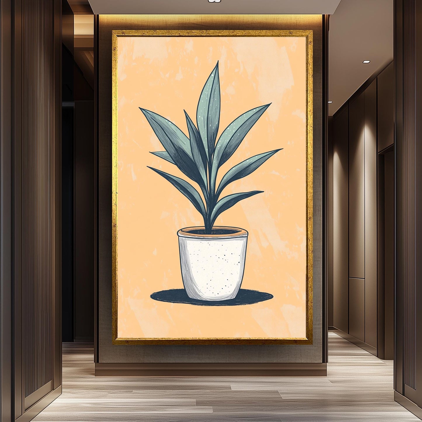 Potted Plant Wall Art: Hand-Drawn Botanical Print on Peach