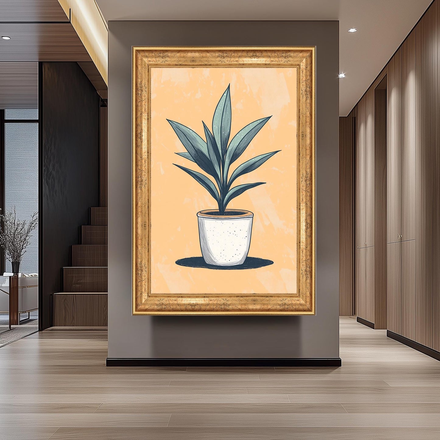 Potted Plant Wall Art: Hand-Drawn Botanical Print on Peach