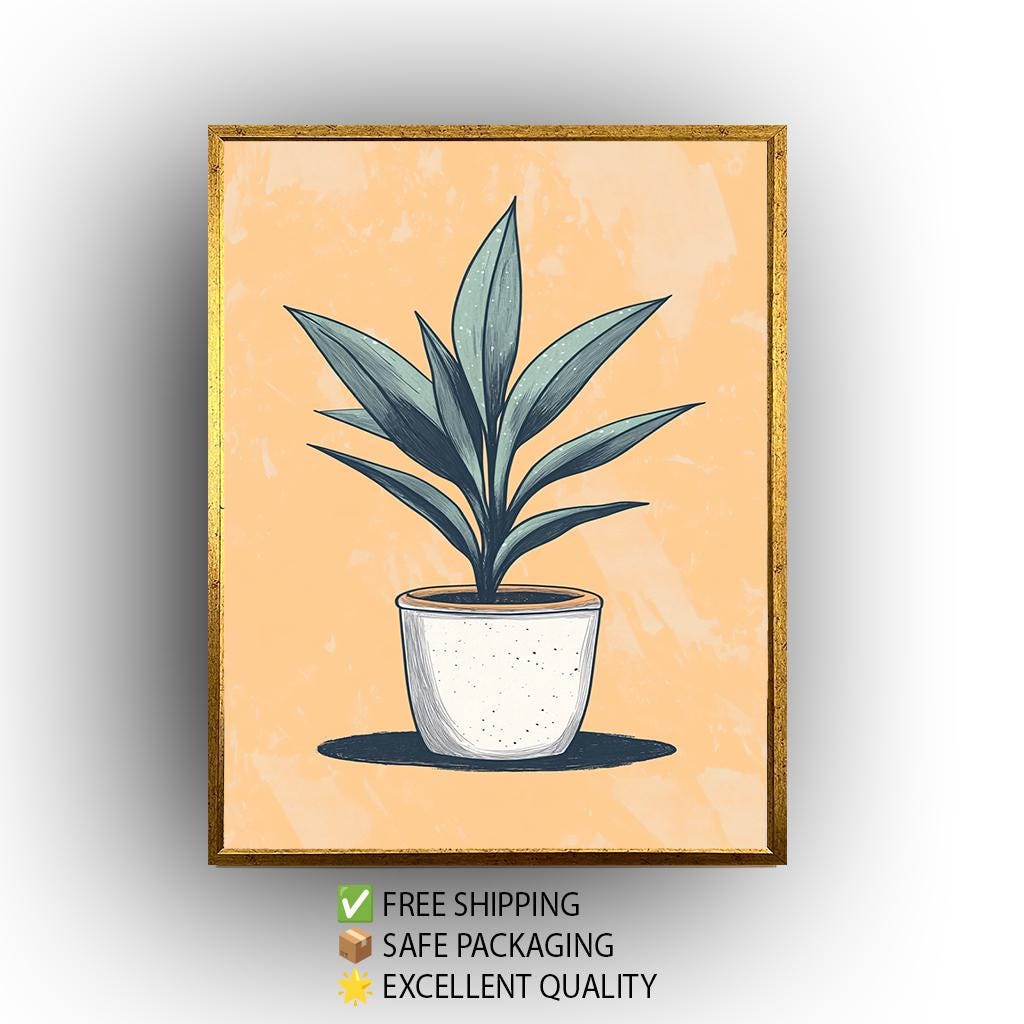 Potted Plant Wall Art: Hand-Drawn Botanical Print on Peach