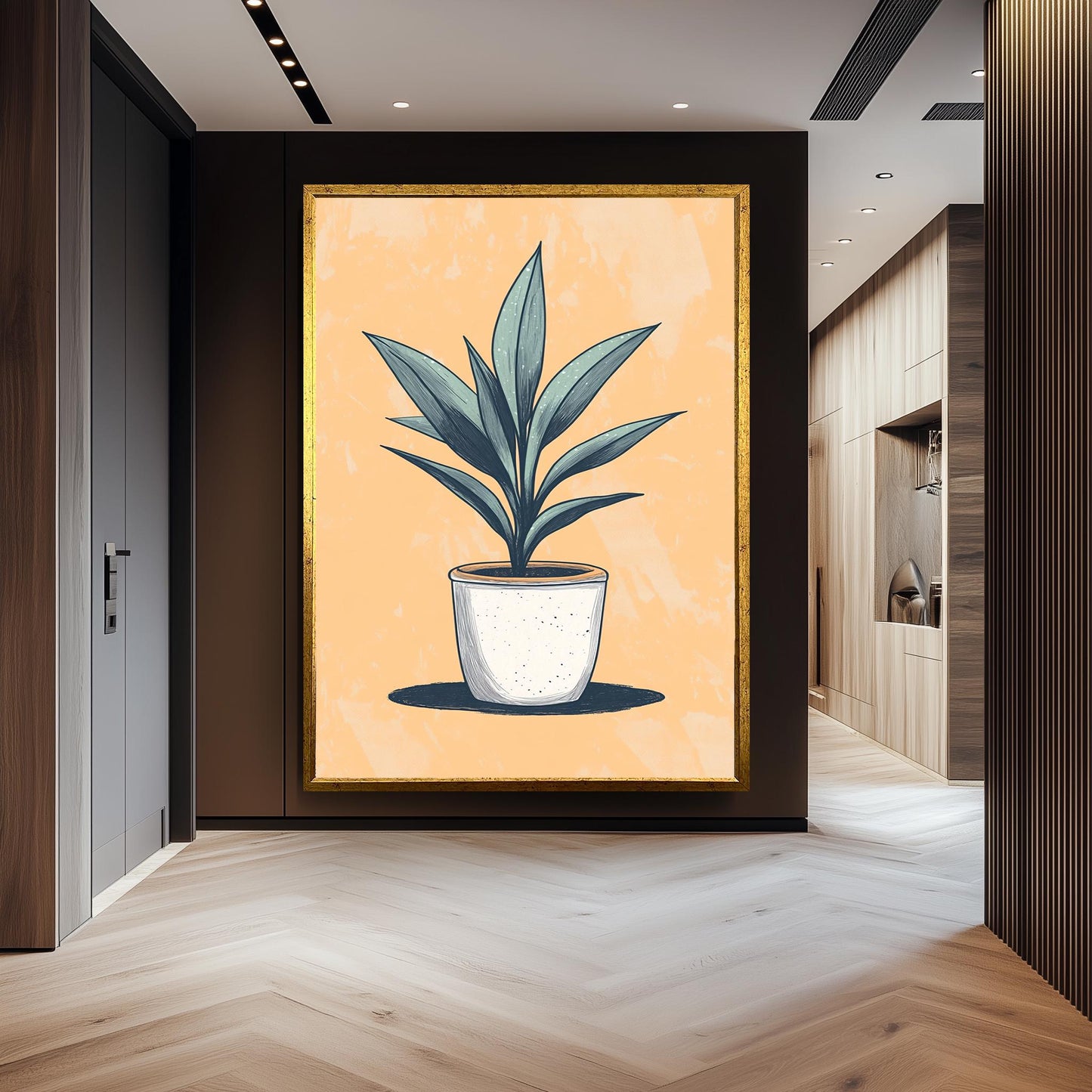 Potted Plant Wall Art: Hand-Drawn Botanical Print on Peach