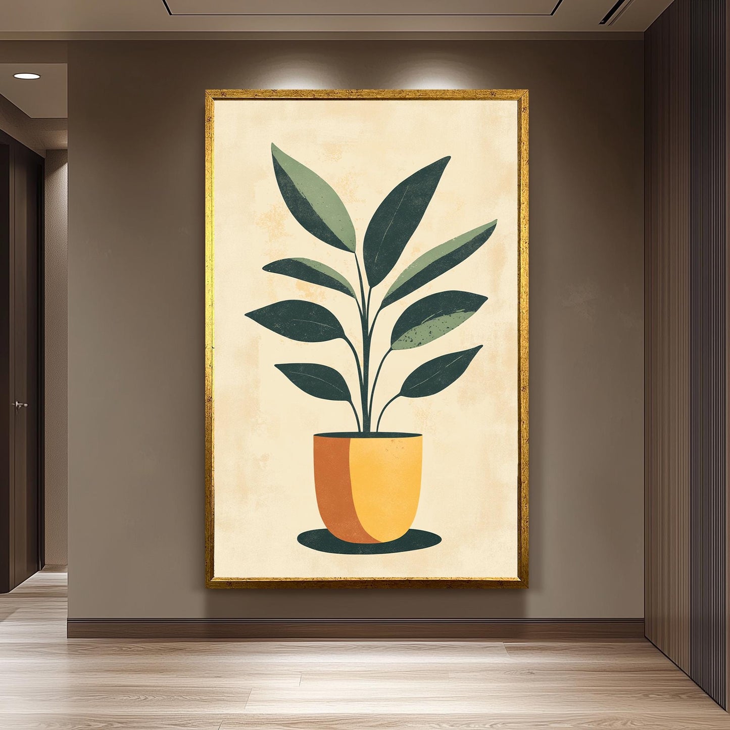 Mid Century Modern Plant Print: Green Leaf in Yellow Pot