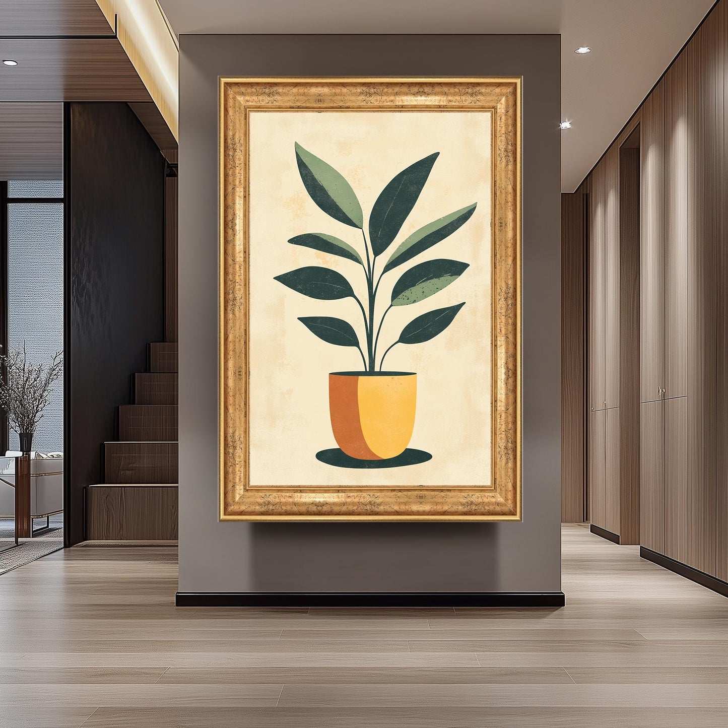 Mid Century Modern Plant Print: Green Leaf in Yellow Pot