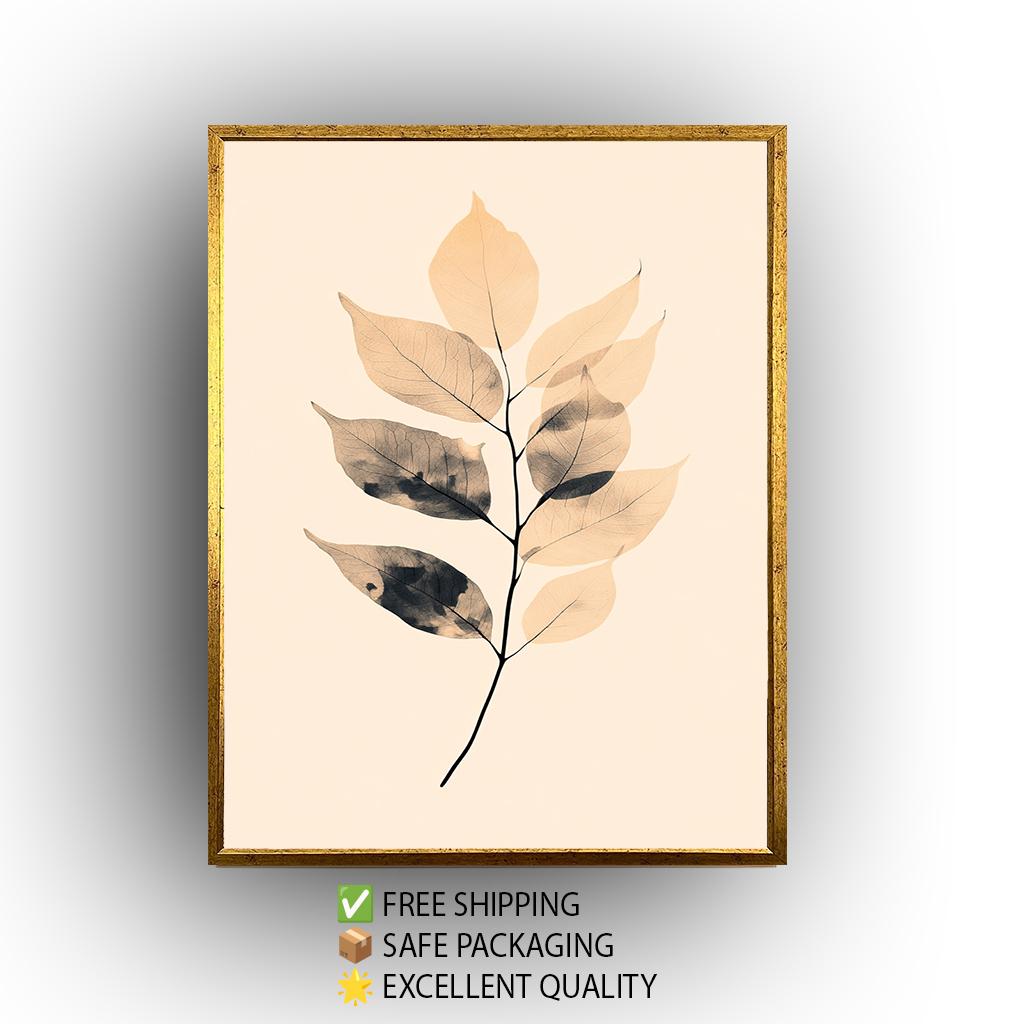 Neutral Leaf Art Print: Minimalist Tan & Black Botanical Illustration