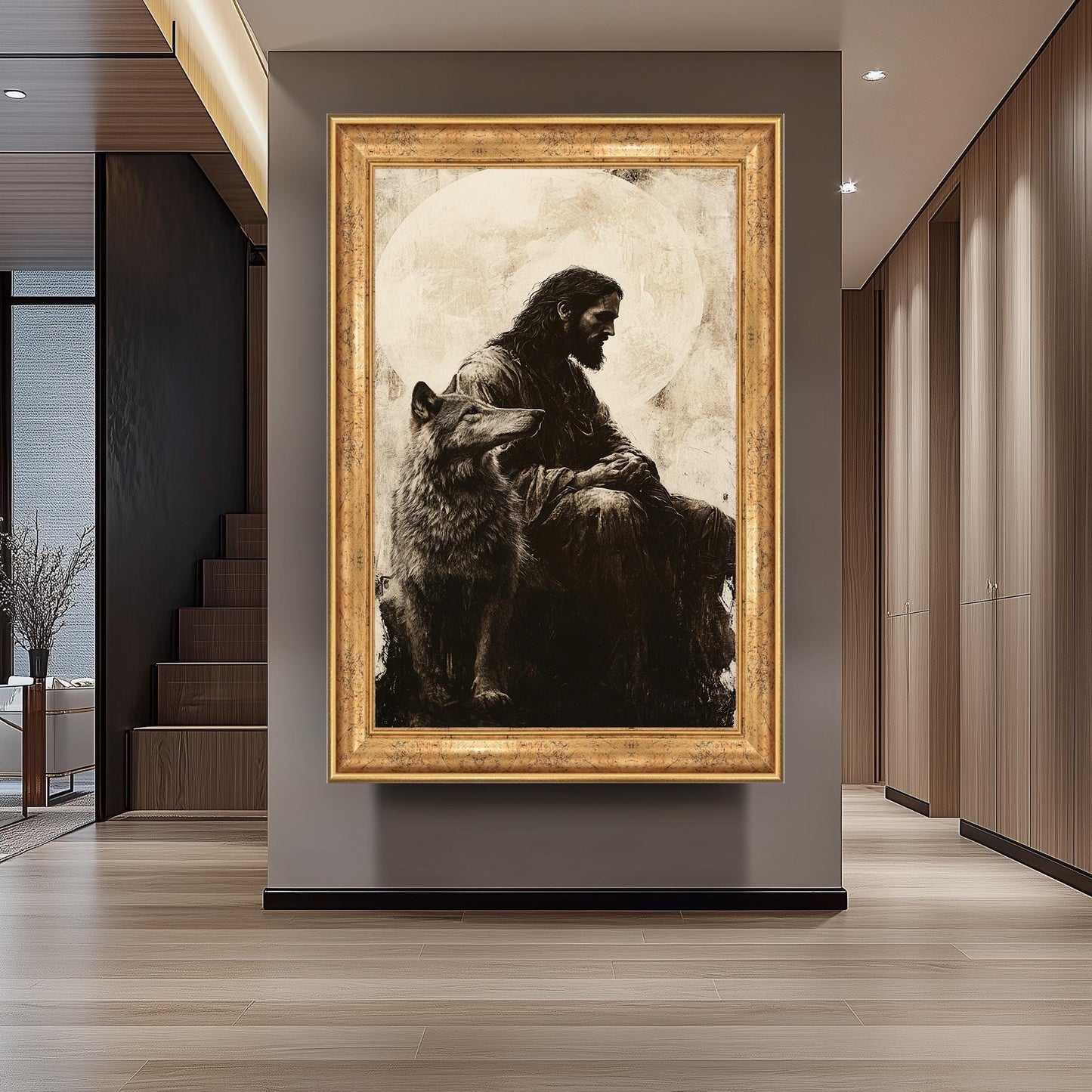 Jesus and Wolf Art Print: Monochrome Christian Symbolism