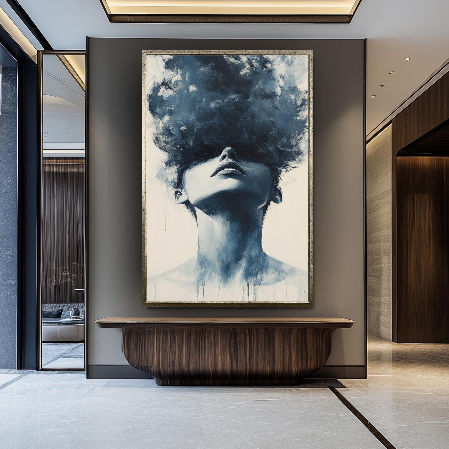Monochrome Woman Portrait Canvas Print: Surreal Cloud Head Art