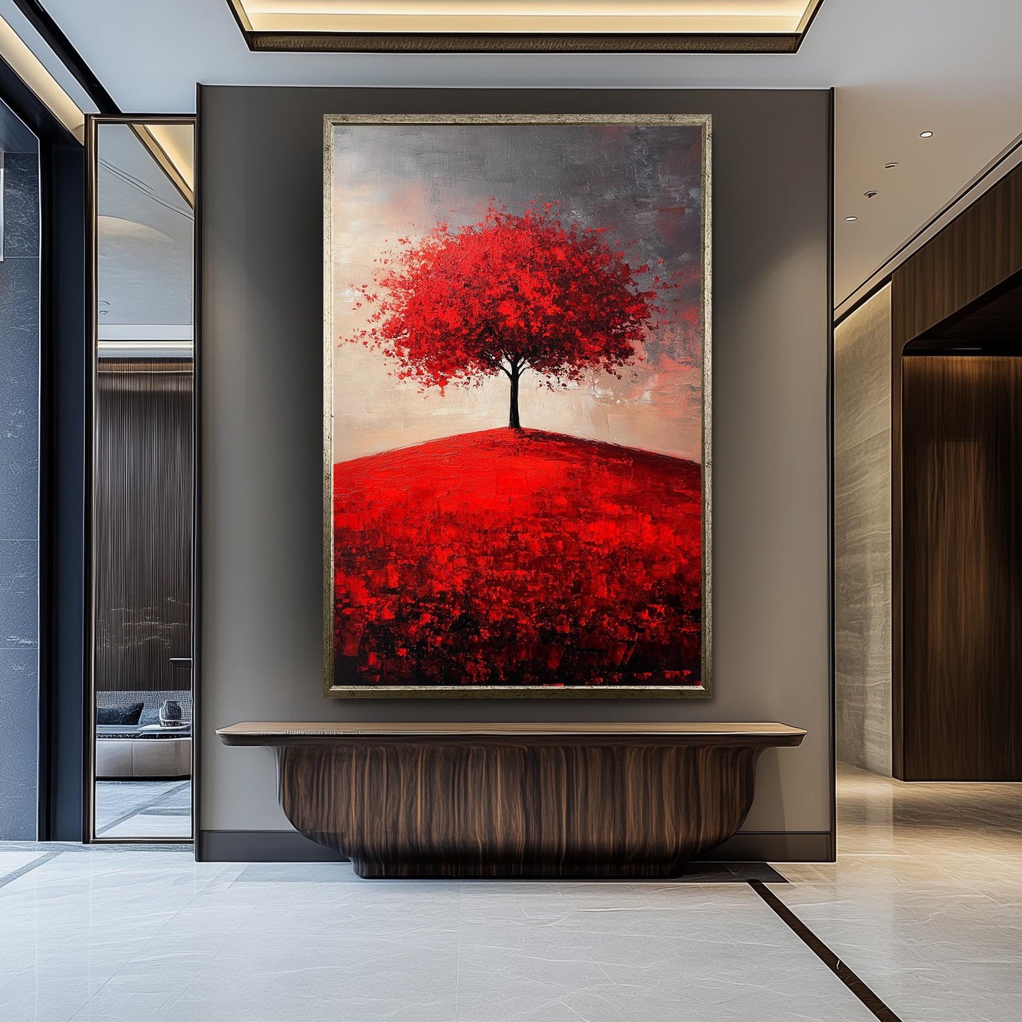 Red Tree Canvas Print: Abstract Landscape Painting, Textured Brushstrokes