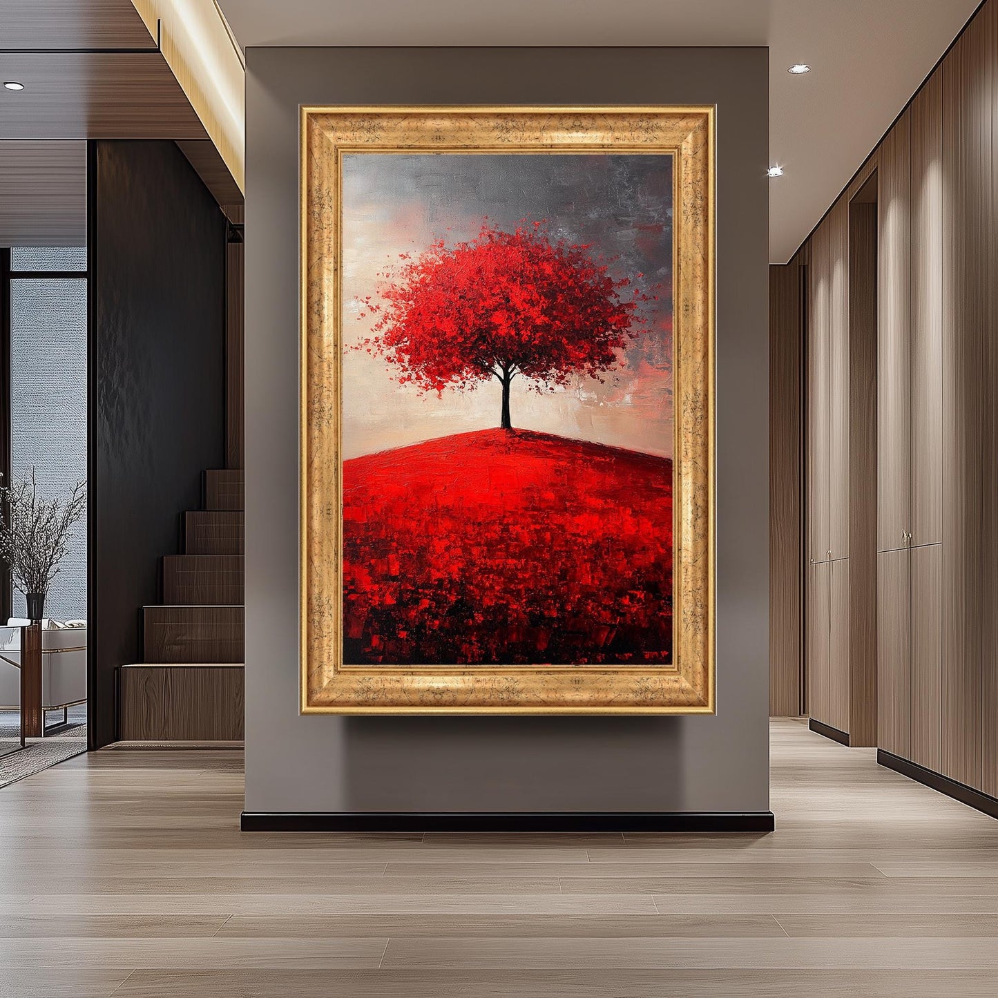 Red Tree Canvas Print: Abstract Landscape Painting, Textured Brushstrokes