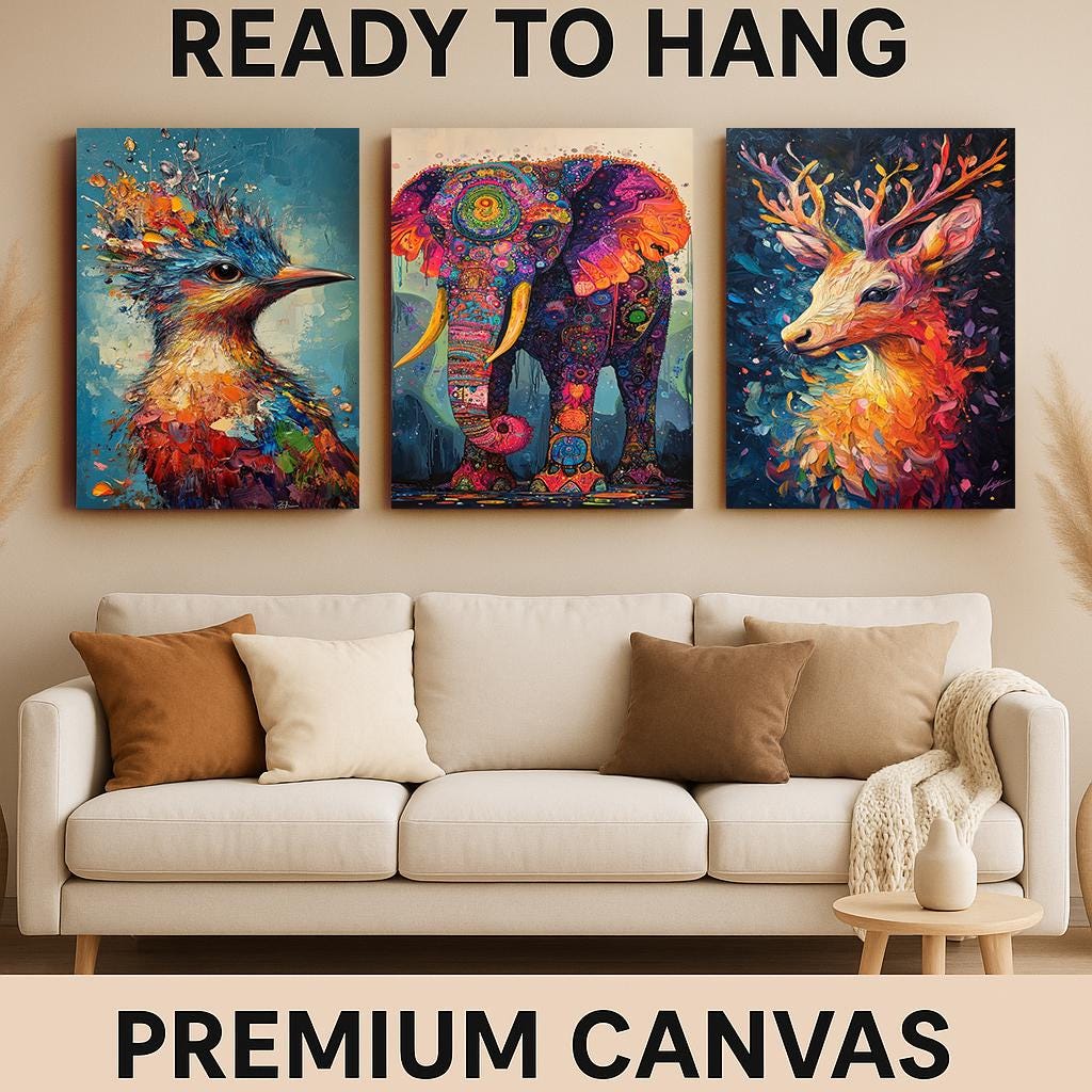Abstract Animal Prints Set: Elephant, Deer, Bird - Colorful Wildlife Art