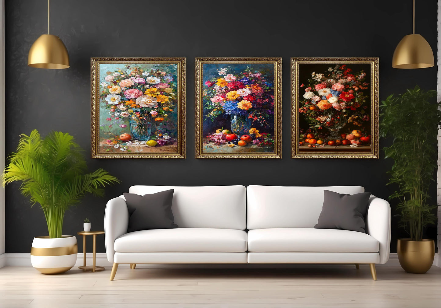 Floral Still Life Canvas Print Set: Vintage Flower & Fruit Vase Art