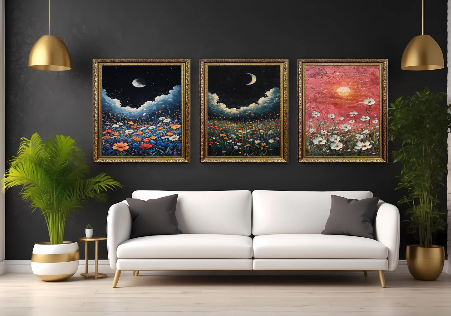 Wildflower Sunset Canvas Print Set: Moonlit Floral Landscape Wall Art