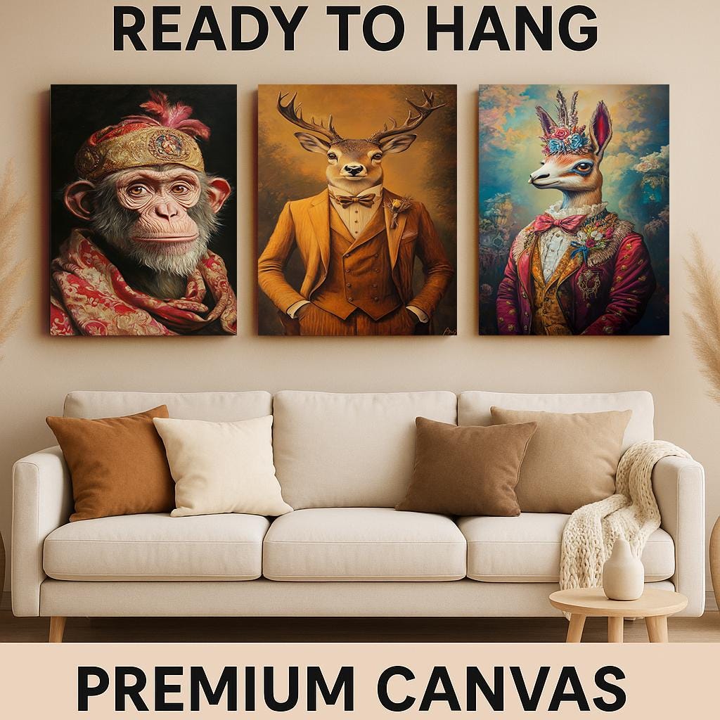 Elegant Animal Portrait Prints: Dressed Deer, Llama, Chimpanzee Wall Art