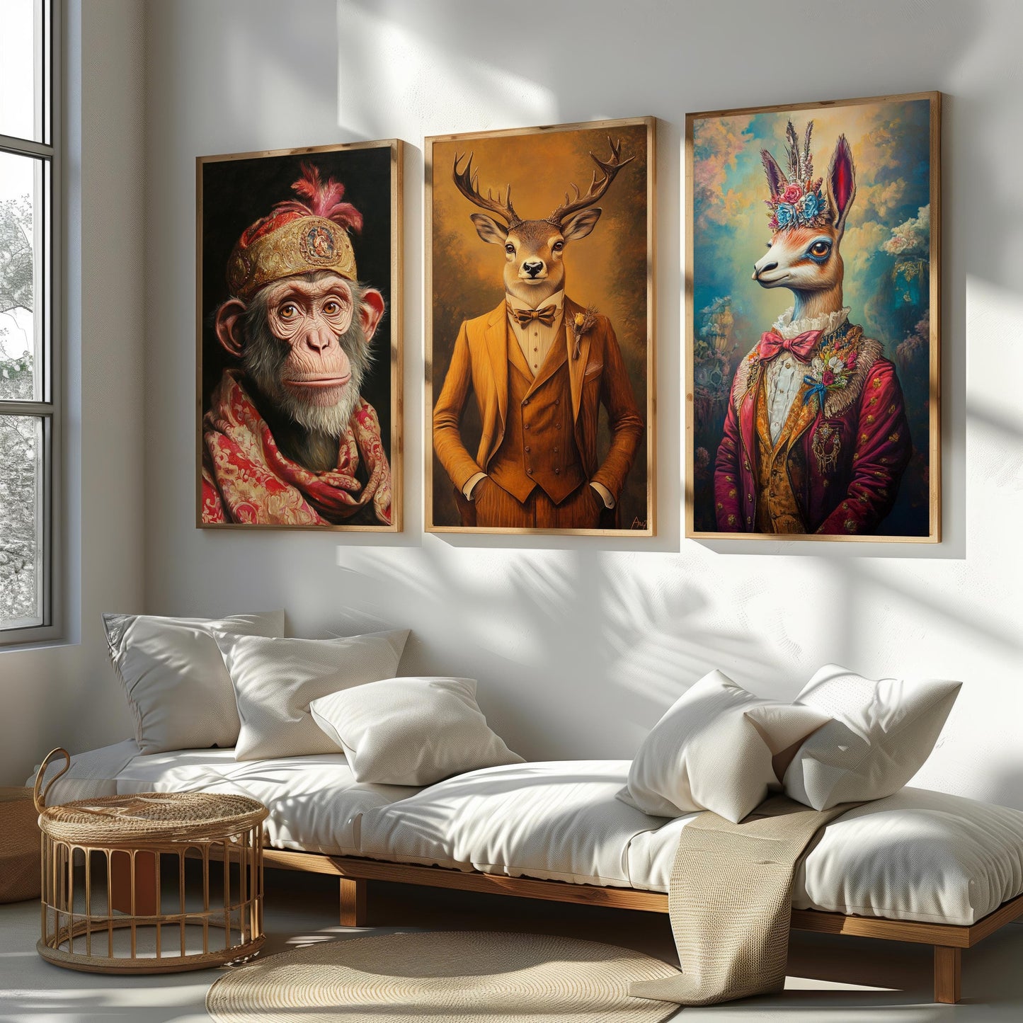 Elegant Animal Portrait Prints: Dressed Deer, Llama, Chimpanzee Wall Art