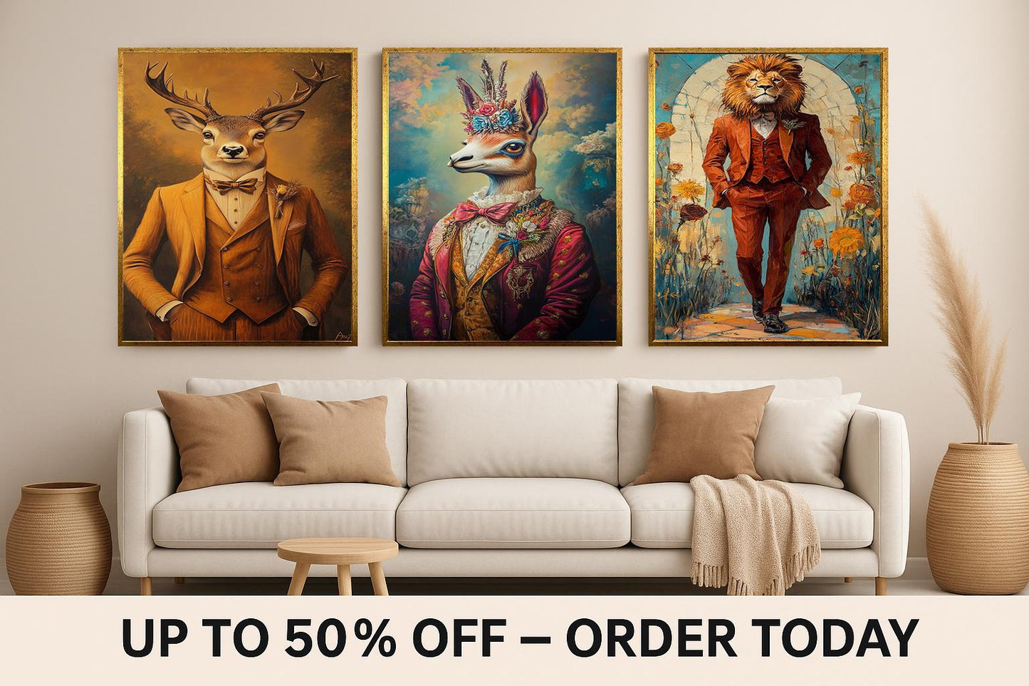 Dressed Animal Portrait Prints: Whimsical Llama, Lion, Deer Wall Art Set