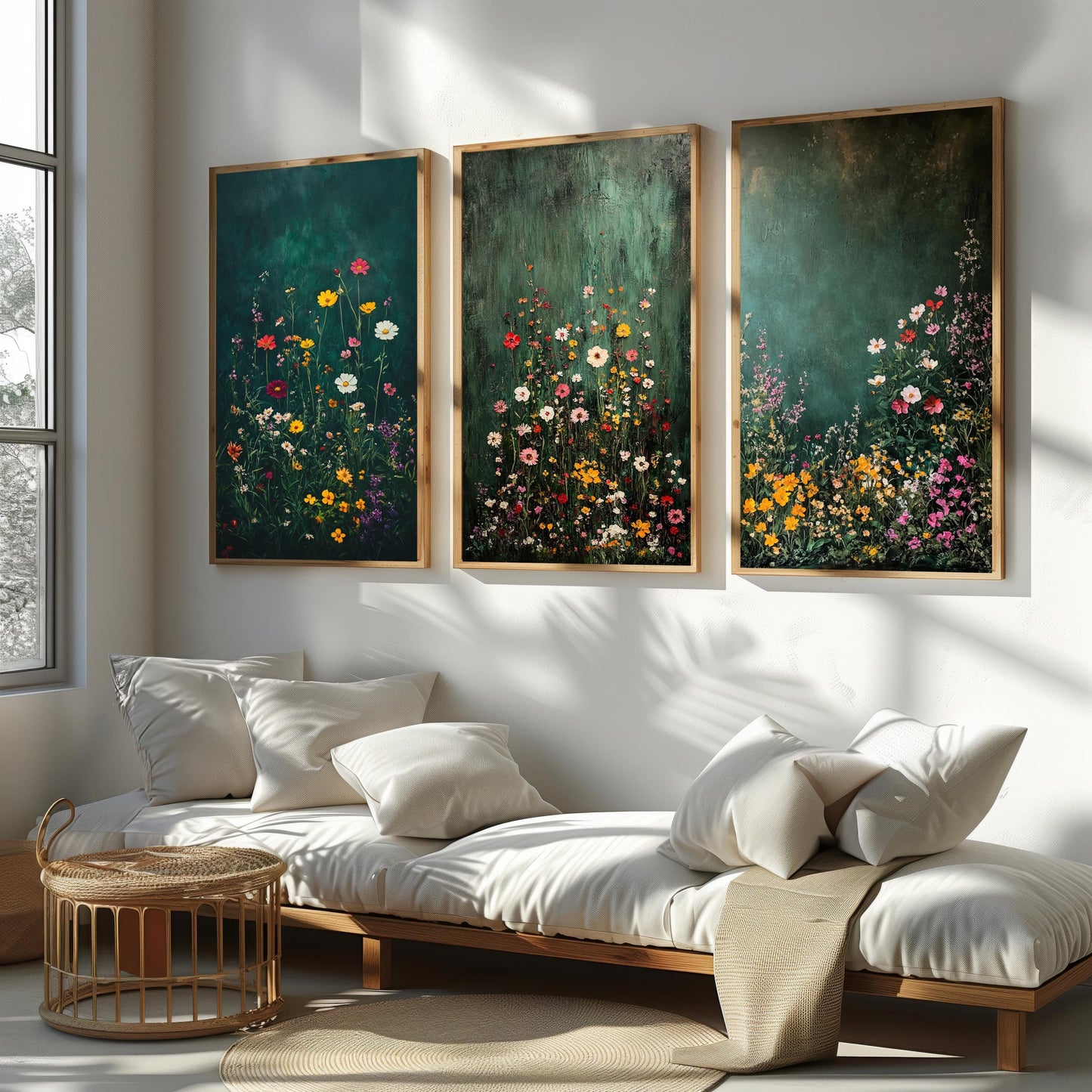 Wildflower Canvas Print Set: Botanical Garden Art, Green Textured Background
