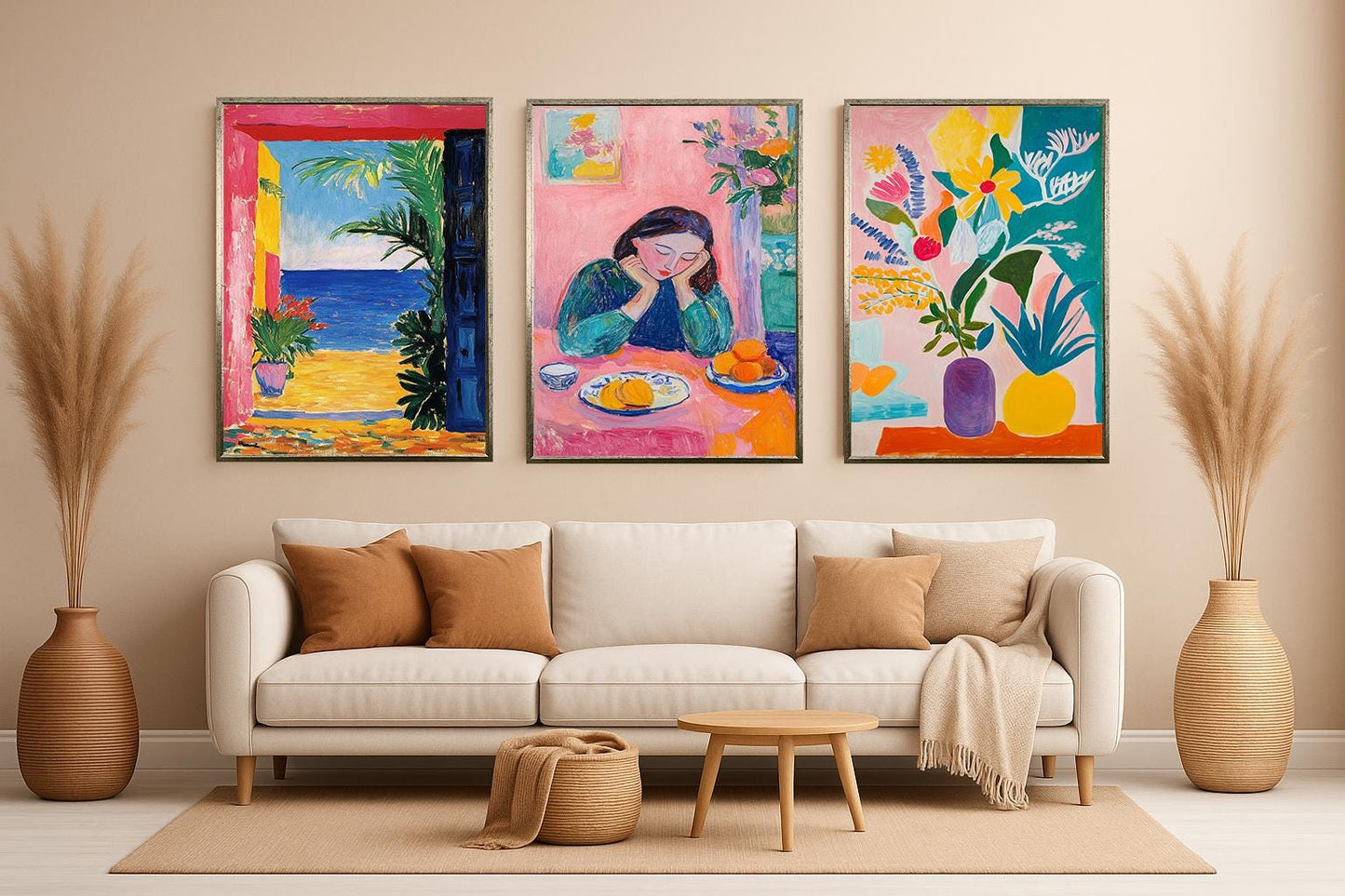 Wildflower Meadow Canvas Print Set: Fauvist Floral Landscape Wall Art