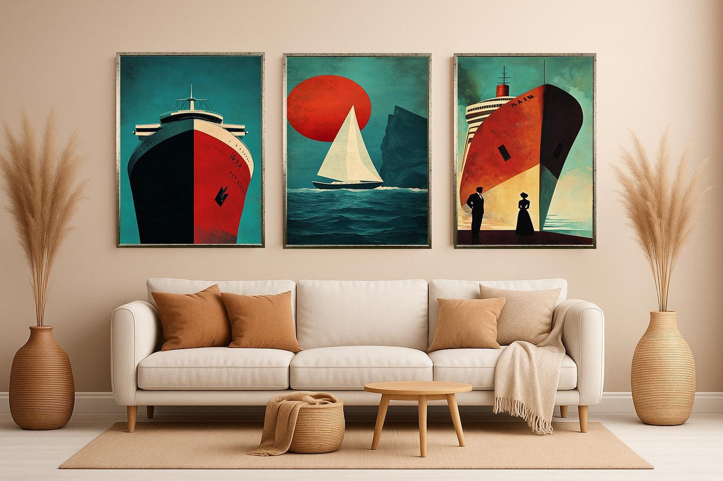 Nautical Ship Canvas Art Set: Retro Ocean Travel Posters, Coastal Home Decor