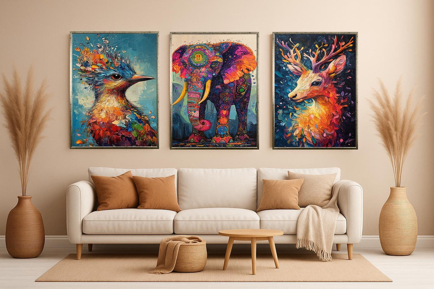 Abstract Animal Prints Set: Elephant, Deer, Bird - Colorful Wildlife Art