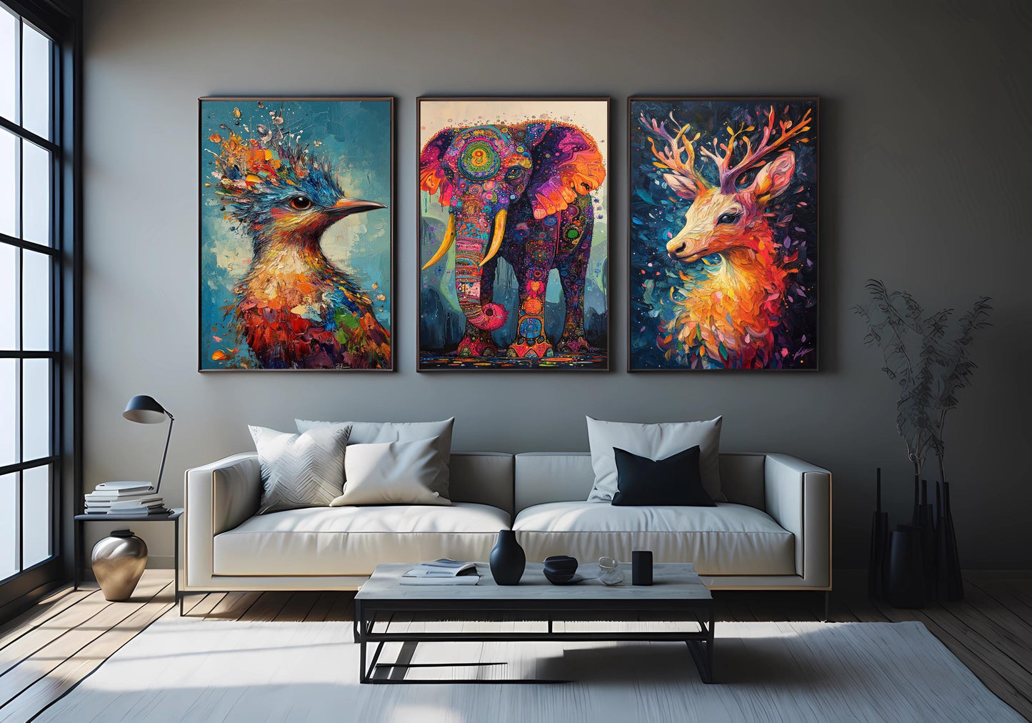 Abstract Animal Prints Set: Elephant, Deer, Bird - Colorful Wildlife Art