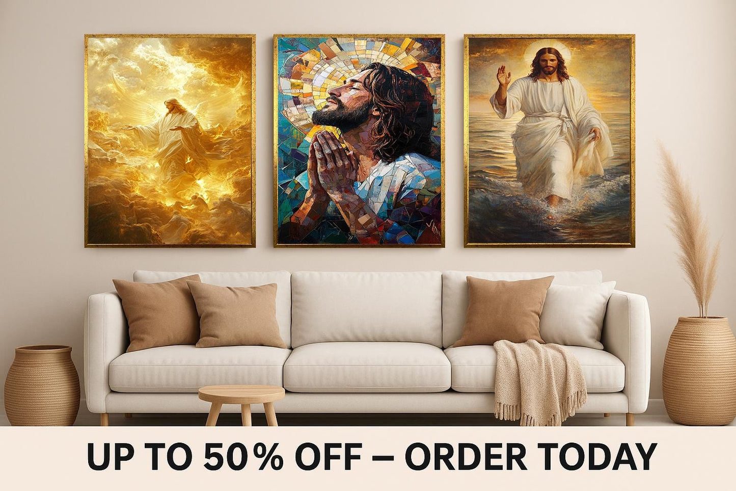 Jesus Christ Canvas Print Set: Ascension, Prayer, Walking on Water