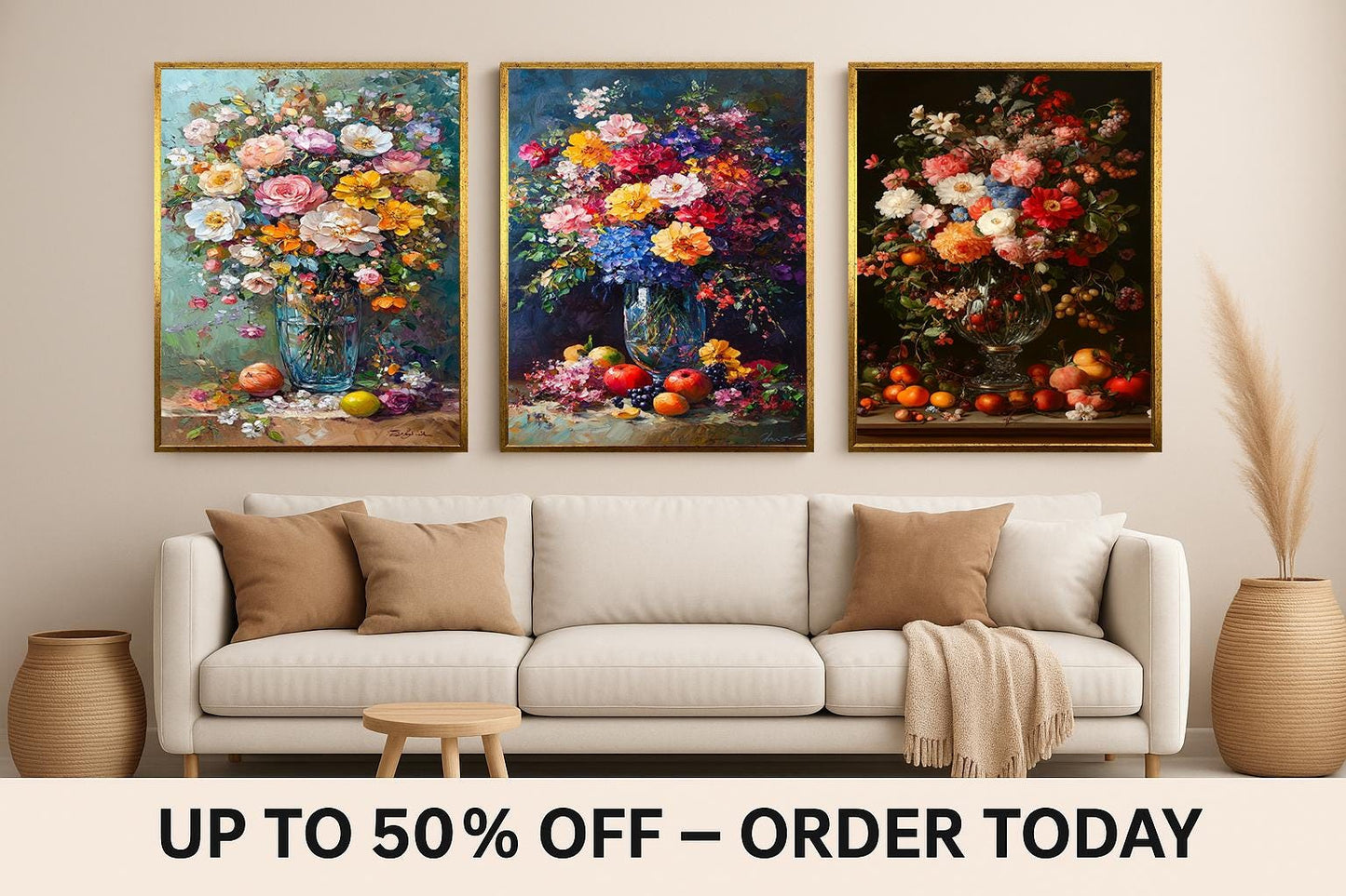 Floral Still Life Canvas Print Set: Vintage Flower & Fruit Vase Art