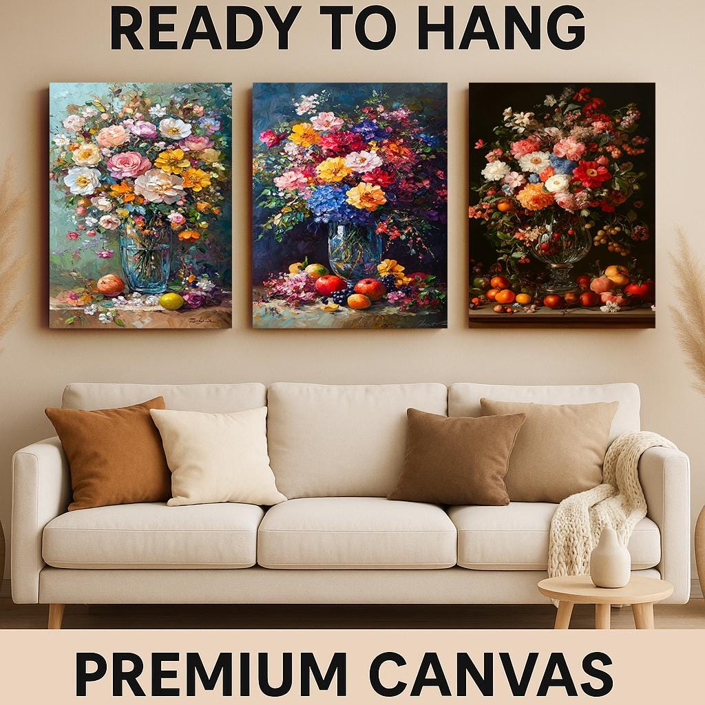 Floral Still Life Canvas Print Set: Vintage Flower & Fruit Vase Art