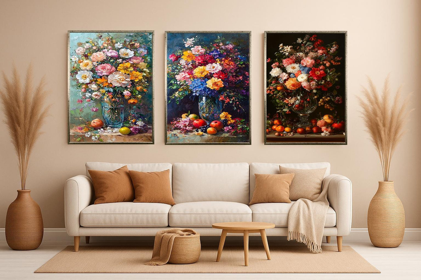 Floral Still Life Canvas Print Set: Vintage Flower & Fruit Vase Art