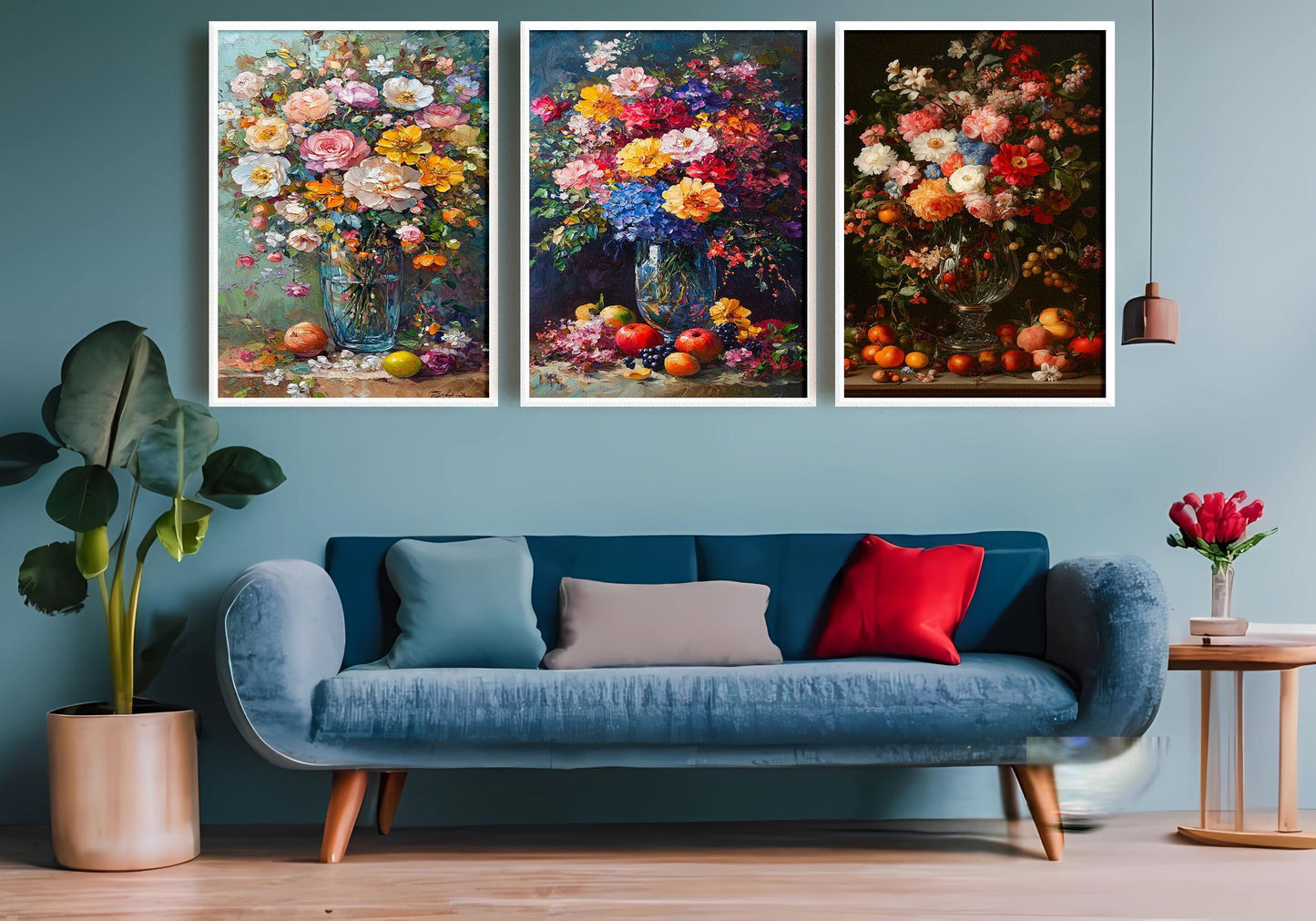 Floral Still Life Canvas Print Set: Vintage Flower & Fruit Vase Art