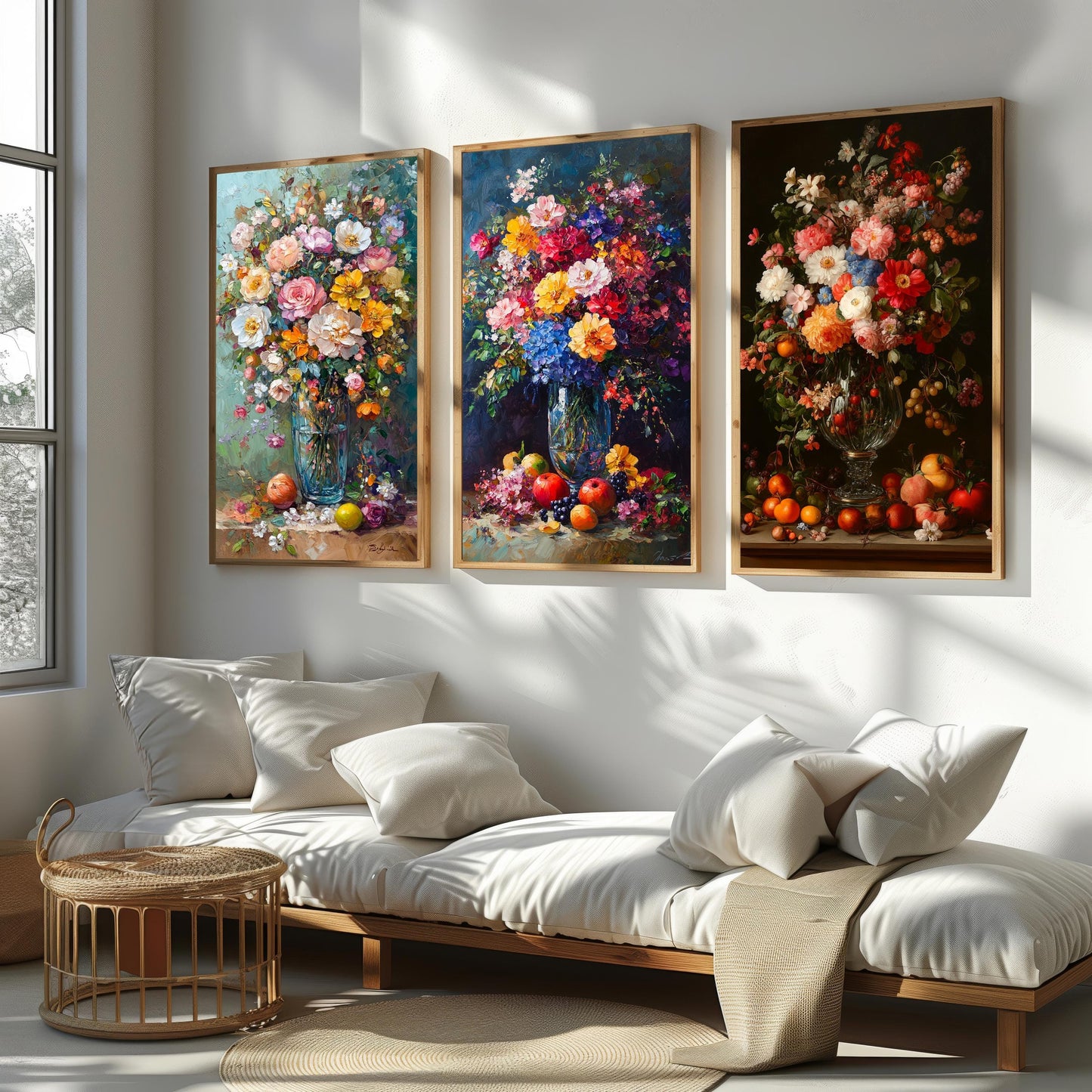 Floral Still Life Canvas Print Set: Vintage Flower & Fruit Vase Art