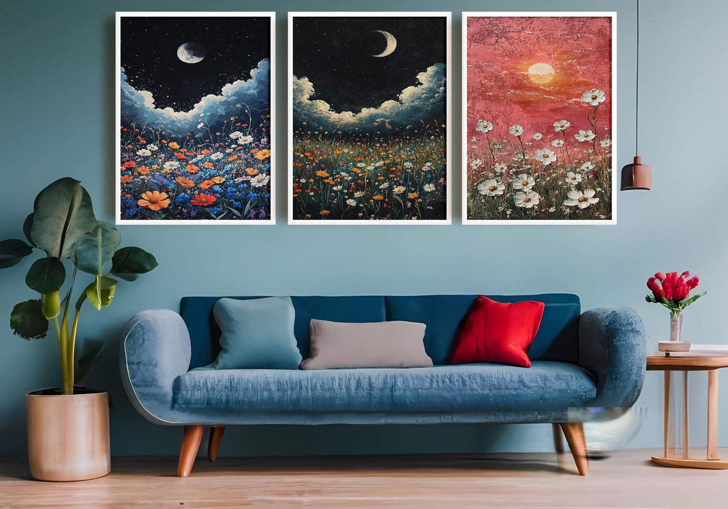 Wildflower Sunset Canvas Print Set: Moonlit Floral Landscape Wall Art