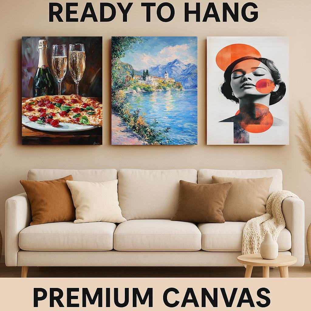 3 Piece Canvas Wall Art Set: Impressionist Lake, Abstract Woman, Champagne & Pizza
