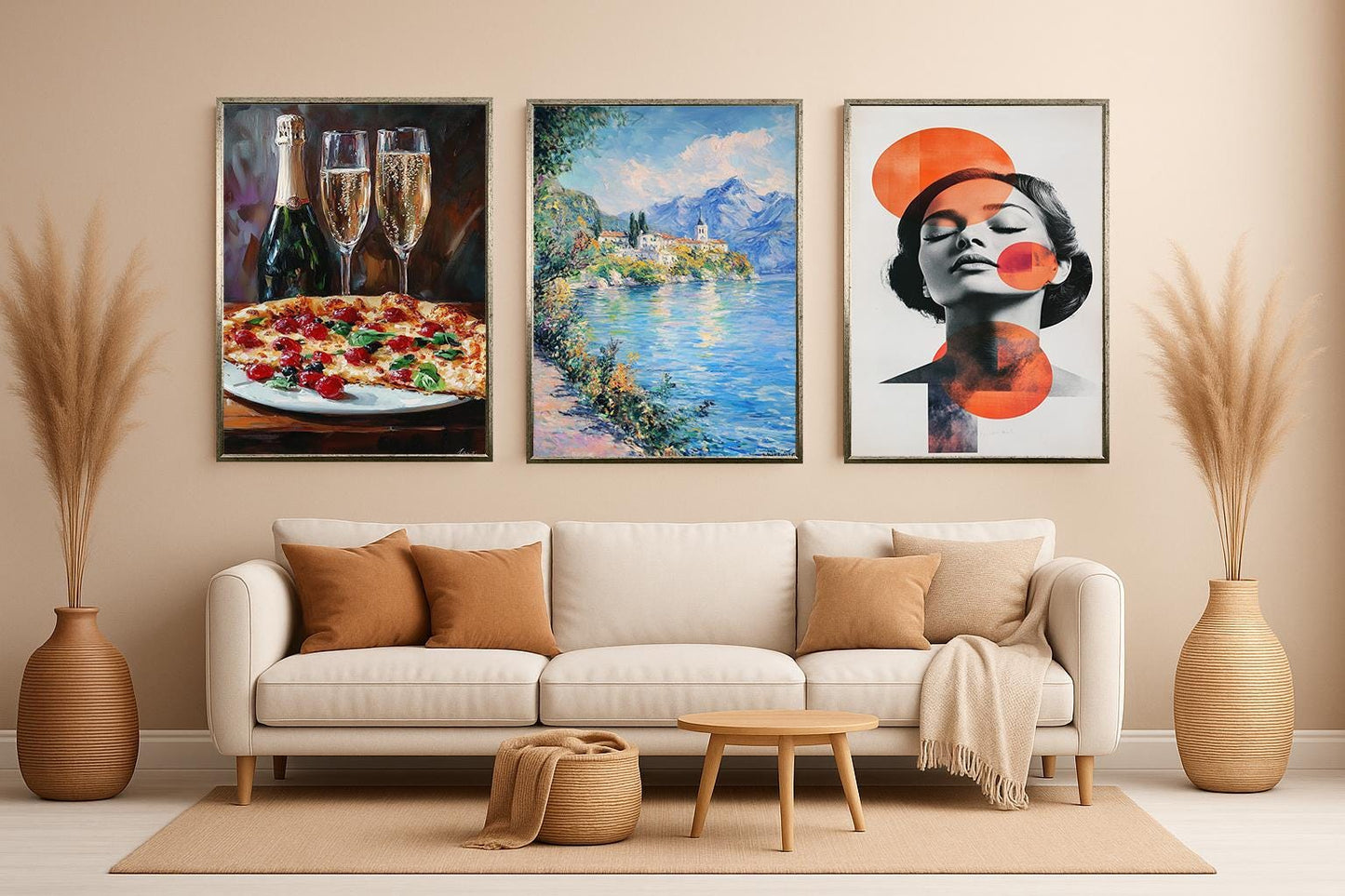 3 Piece Canvas Wall Art Set: Impressionist Lake, Abstract Woman, Champagne & Pizza