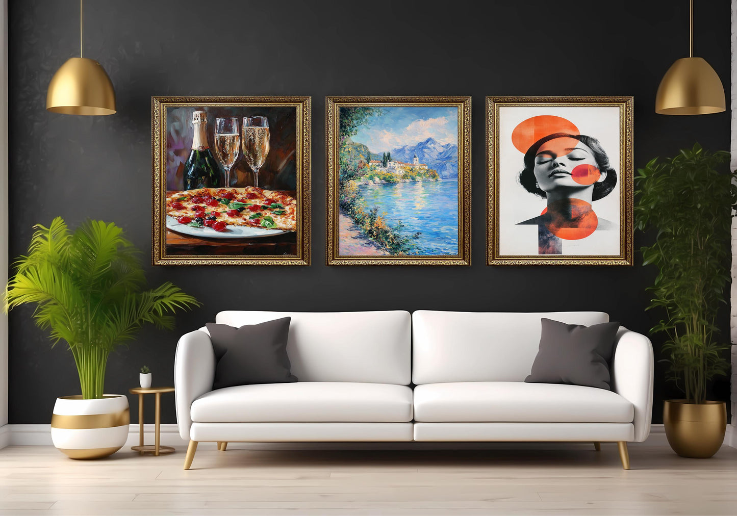 3 Piece Canvas Wall Art Set: Impressionist Lake, Abstract Woman, Champagne & Pizza