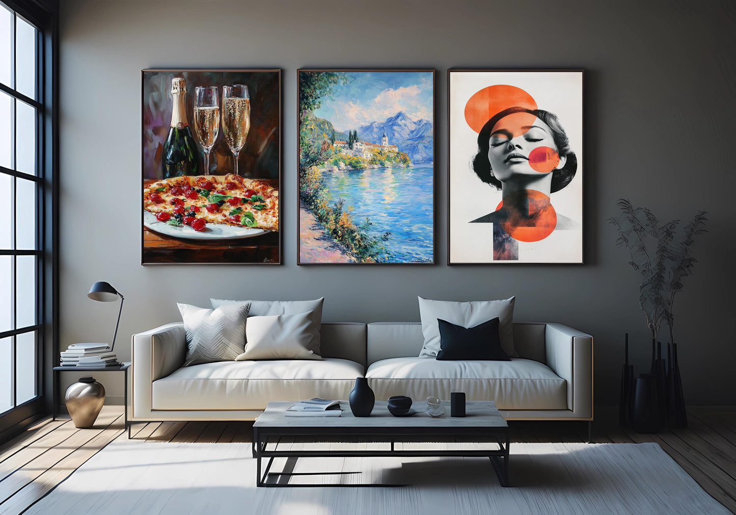 3 Piece Canvas Wall Art Set: Impressionist Lake, Abstract Woman, Champagne & Pizza