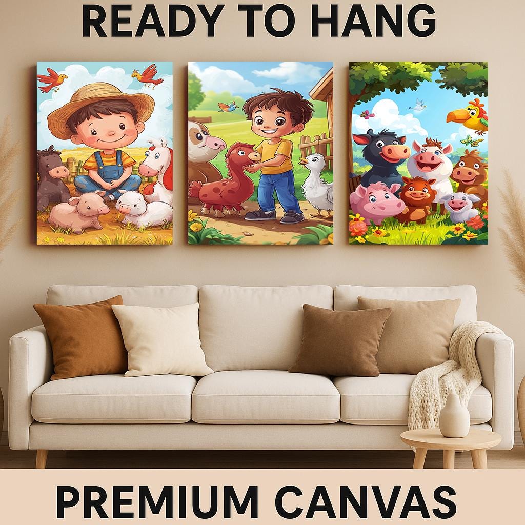Farm Animals Wall Art Set of 3 Prints Cute Cartoon Baby Farmyard Kids Room Nursery Decor with Boys Animals and Colorful Backgrounds