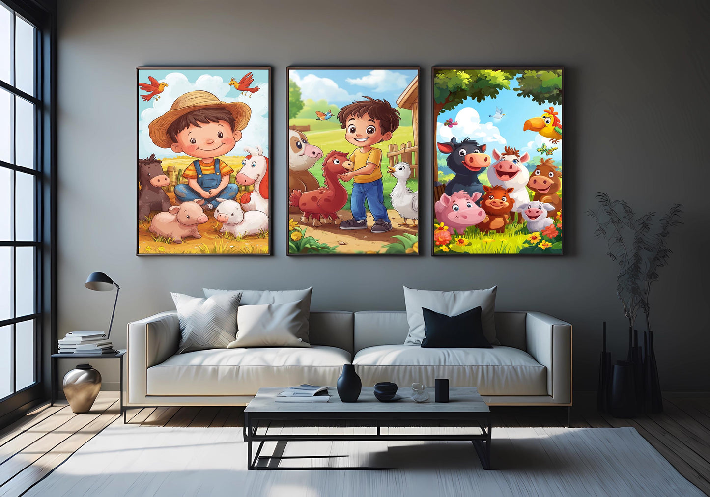 Farm Animals Wall Art Set of 3 Prints Cute Cartoon Baby Farmyard Kids Room Nursery Decor with Boys Animals and Colorful Backgrounds