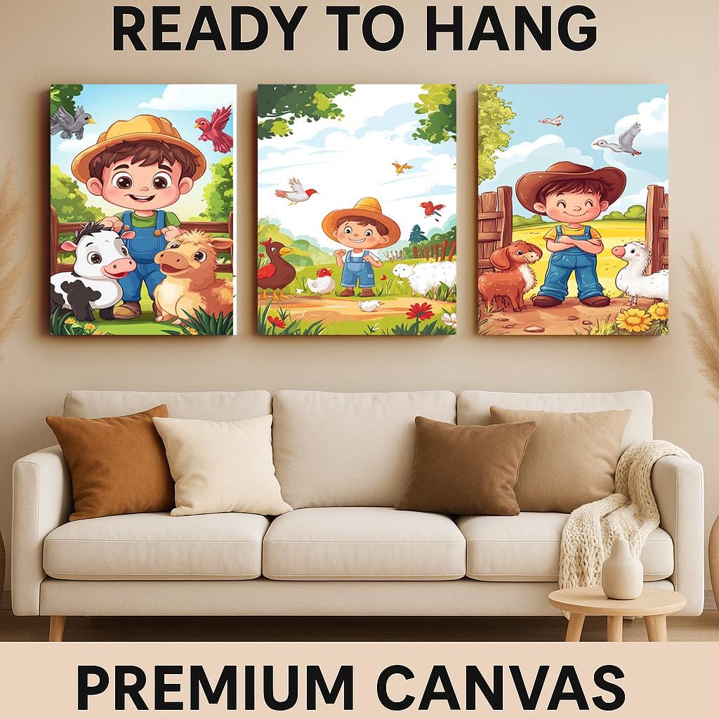 3 Piece Farm Animal Wall Art Set Printable Boy Farmer Nursery Decor Bundle for Kids Room Baby Farm Animals Digital Download Poster