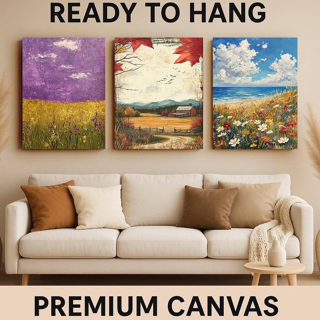 Farmhouse Landscape Art Prints Set: Rustic Fall, Coastal Wildflower, Purple Field