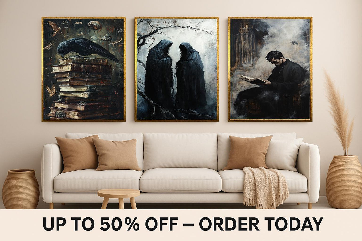 Gothic Horror Wall Art Set: Hooded Figures, Crow & Books