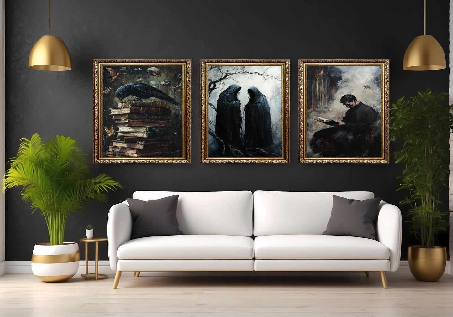 Gothic Horror Wall Art Set: Hooded Figures, Crow & Books