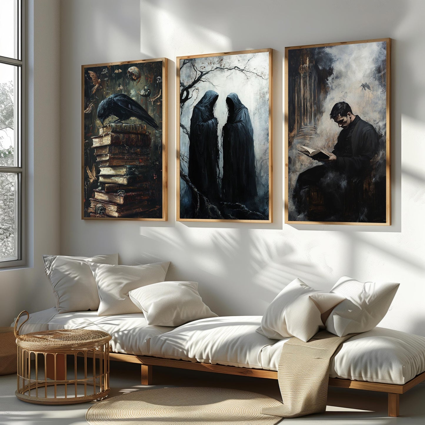 Gothic Horror Wall Art Set: Hooded Figures, Crow & Books