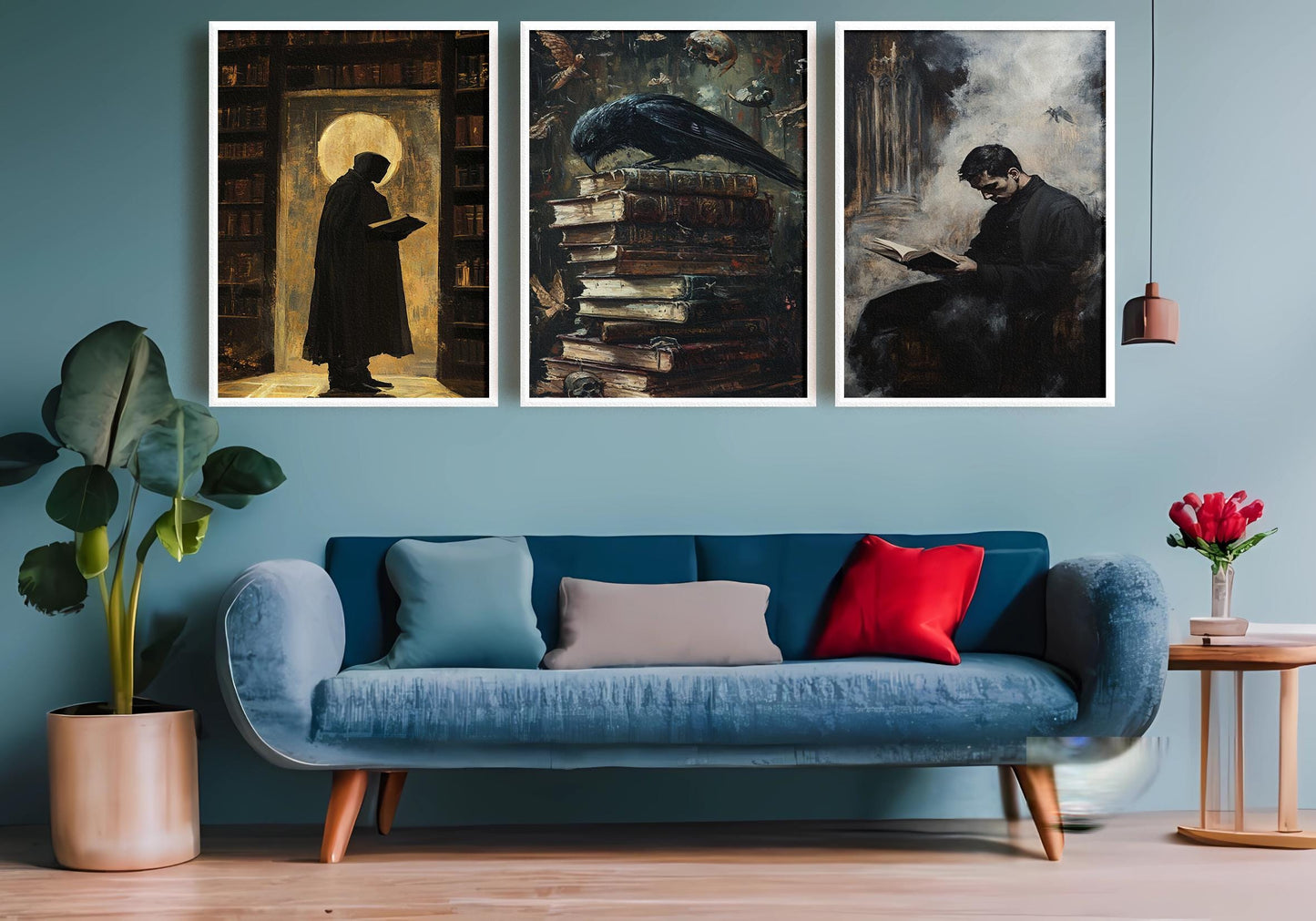 Dark Academia Wall Art Set: Gothic Library Decor, Crow & Cloaked Figure