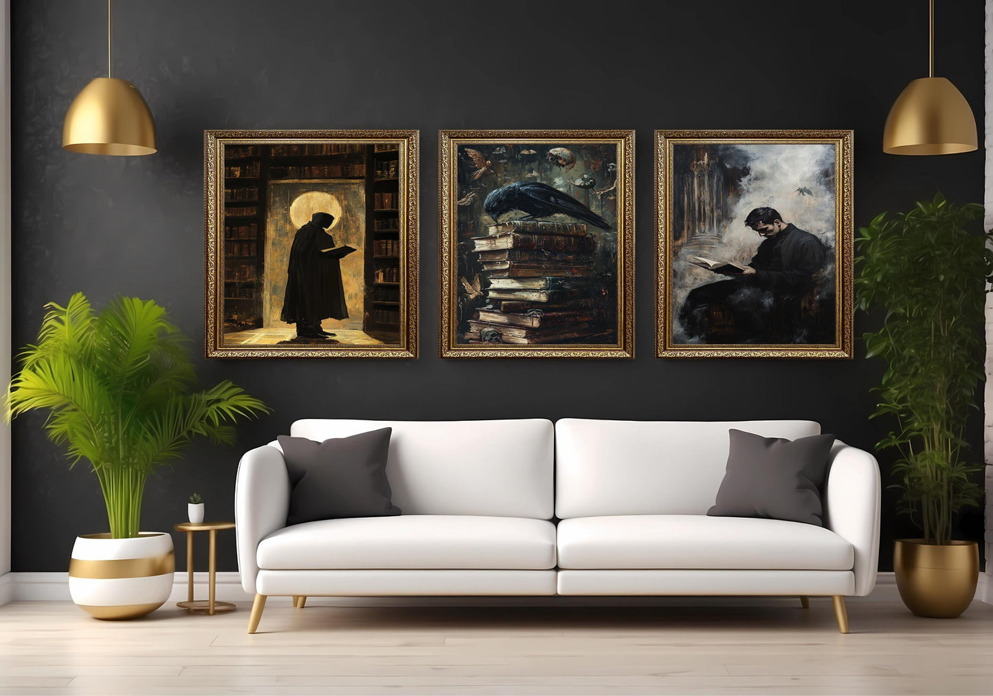 Dark Academia Wall Art Set: Gothic Library Decor, Crow & Cloaked Figure