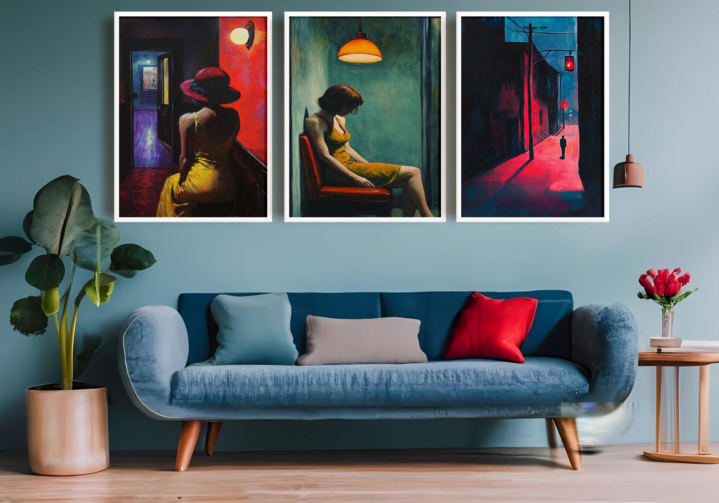 Noir Woman in Yellow Dress Print Set: Cinematic Moody Room Decor