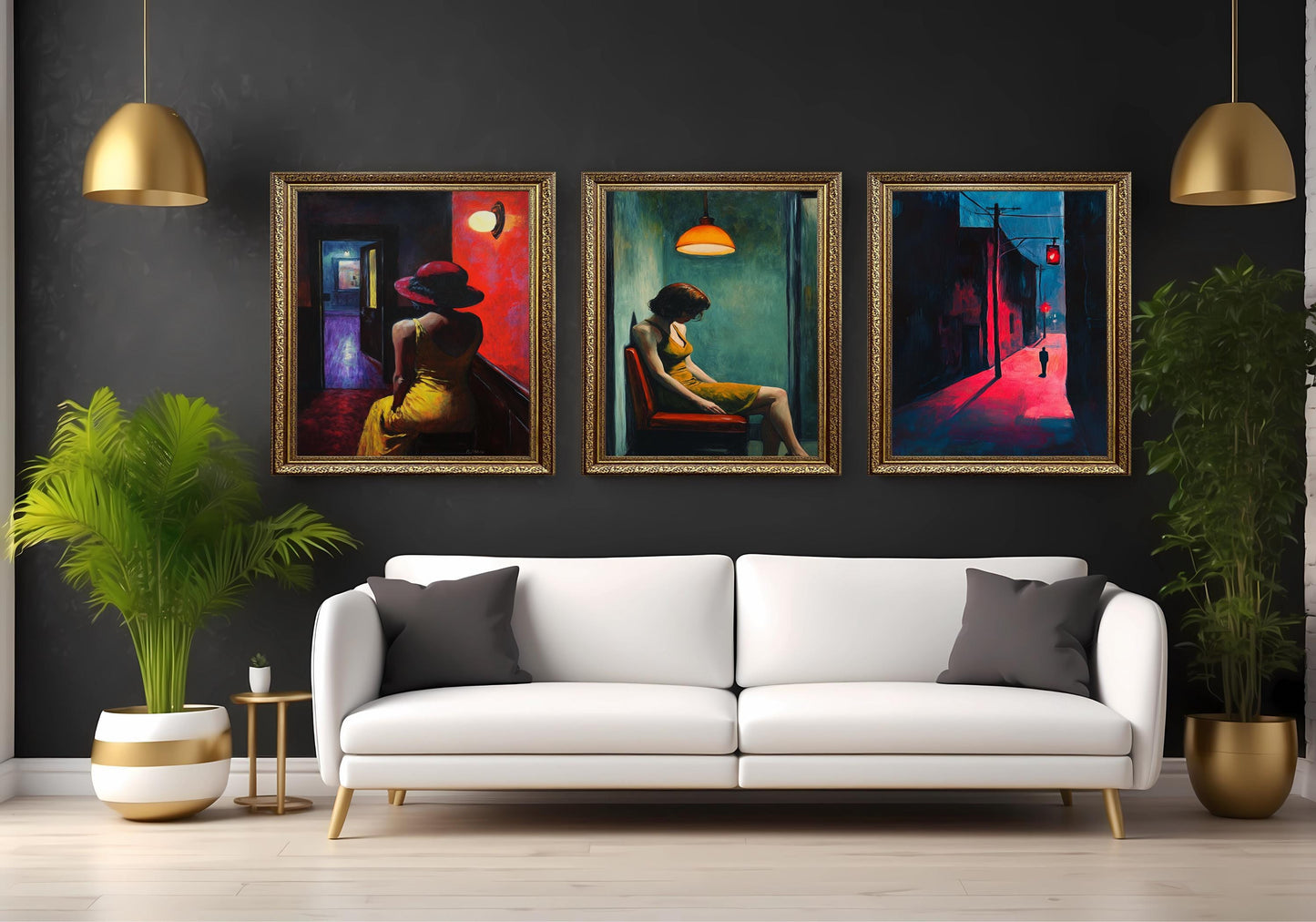 Noir Woman in Yellow Dress Print Set: Cinematic Moody Room Decor